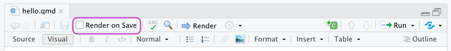 Top of the text editor in RStudio with the Render on Save checbox checked and highlighted with a purple box.